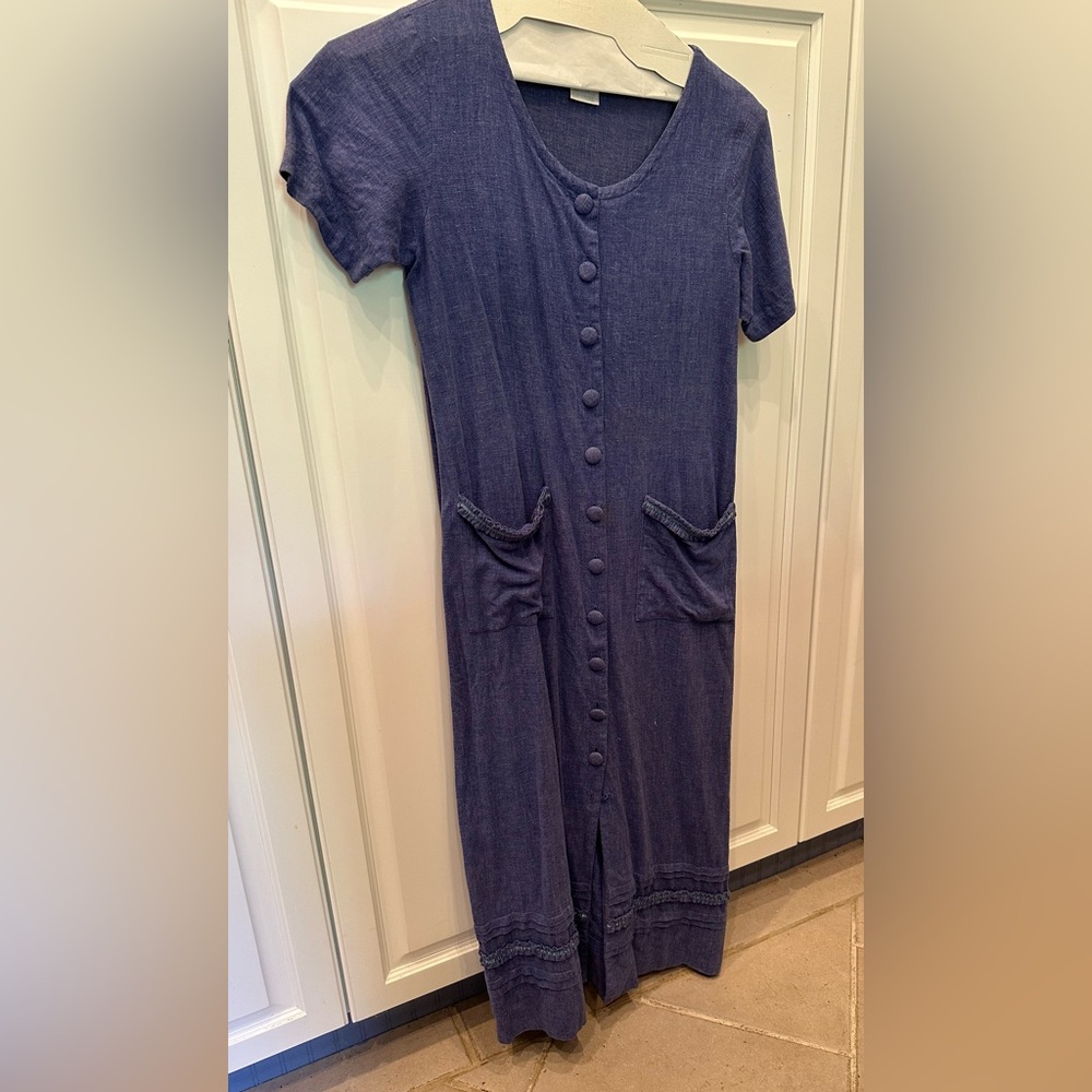Vintage April Cornell Blue Linen Blend Long Pocketed Dress